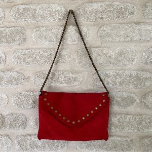 J Crew red suede bag brass studs chain strap